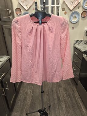 Soft Pink Pleated Front Blouse with Textured Sleeves